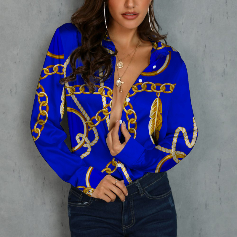 Bluza de damă cu mânecă lungă, nasturi pe un rând, guler rever, model lanț, croială lejeră, poliester 70–80%