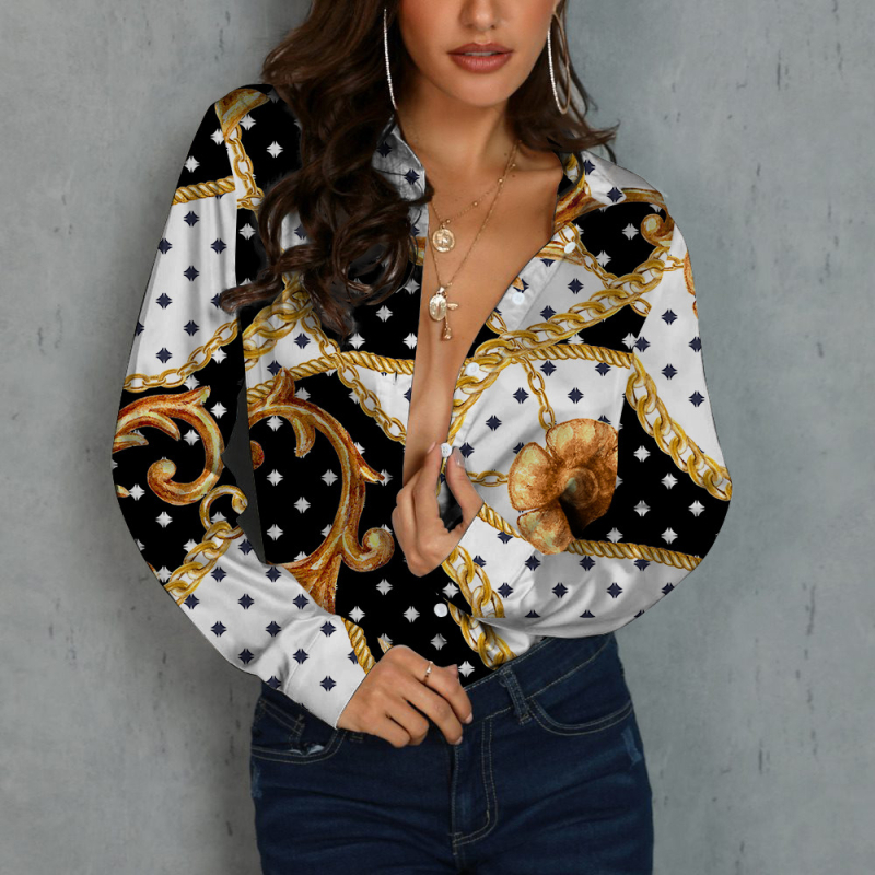 Bluza de damă cu mânecă lungă, nasturi pe un rând, guler rever, model lanț, croială lejeră, poliester 70–80%