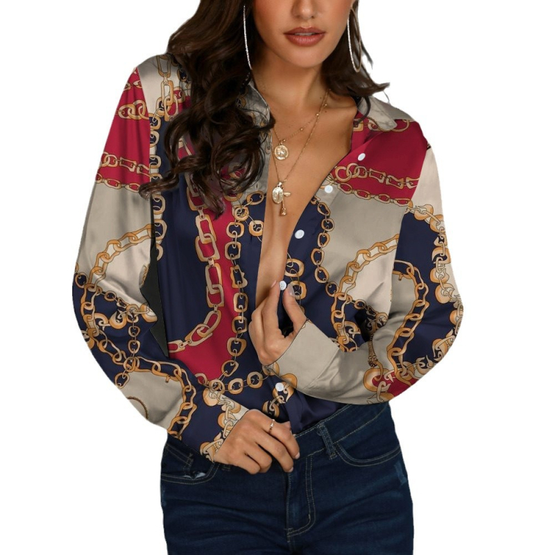 Bluza de damă cu mânecă lungă, nasturi pe un rând, guler rever, model lanț, croială lejeră, poliester 70–80%