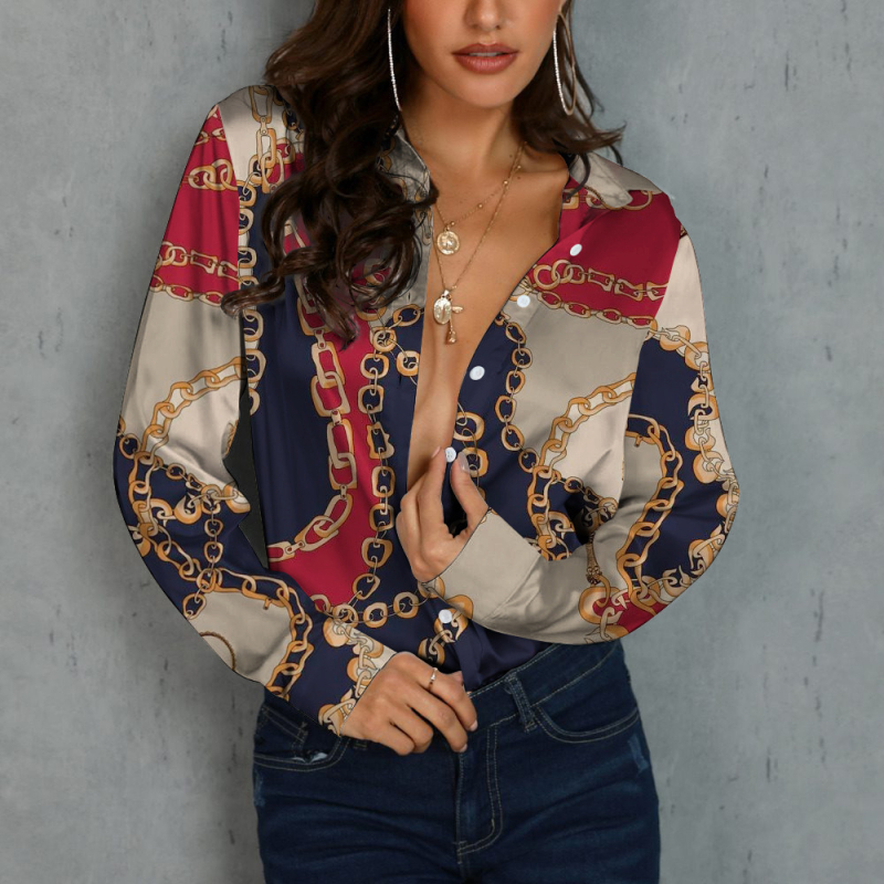 Bluza de damă cu mânecă lungă, nasturi pe un rând, guler rever, model lanț, croială lejeră, poliester 70–80%