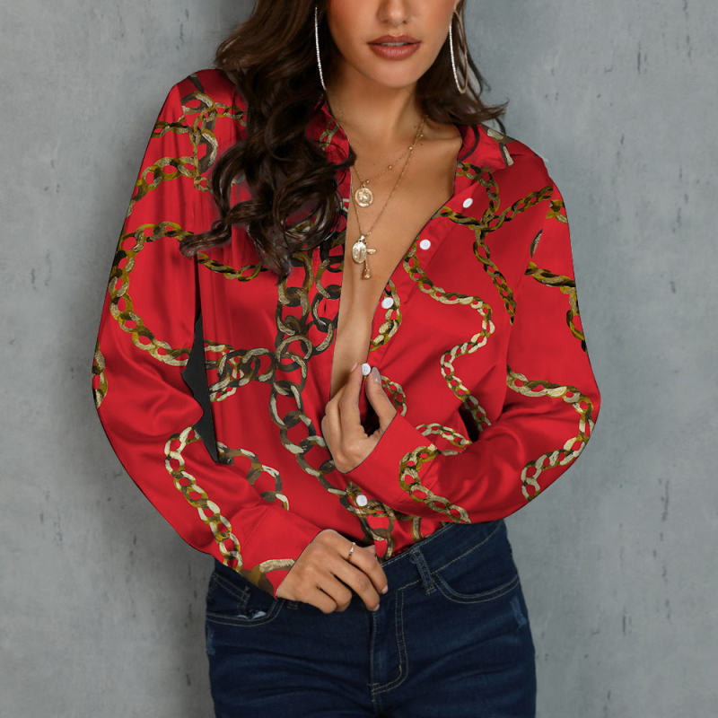 Bluza de damă cu mânecă lungă, nasturi pe un rând, guler rever, model lanț, croială lejeră, poliester 70–80%