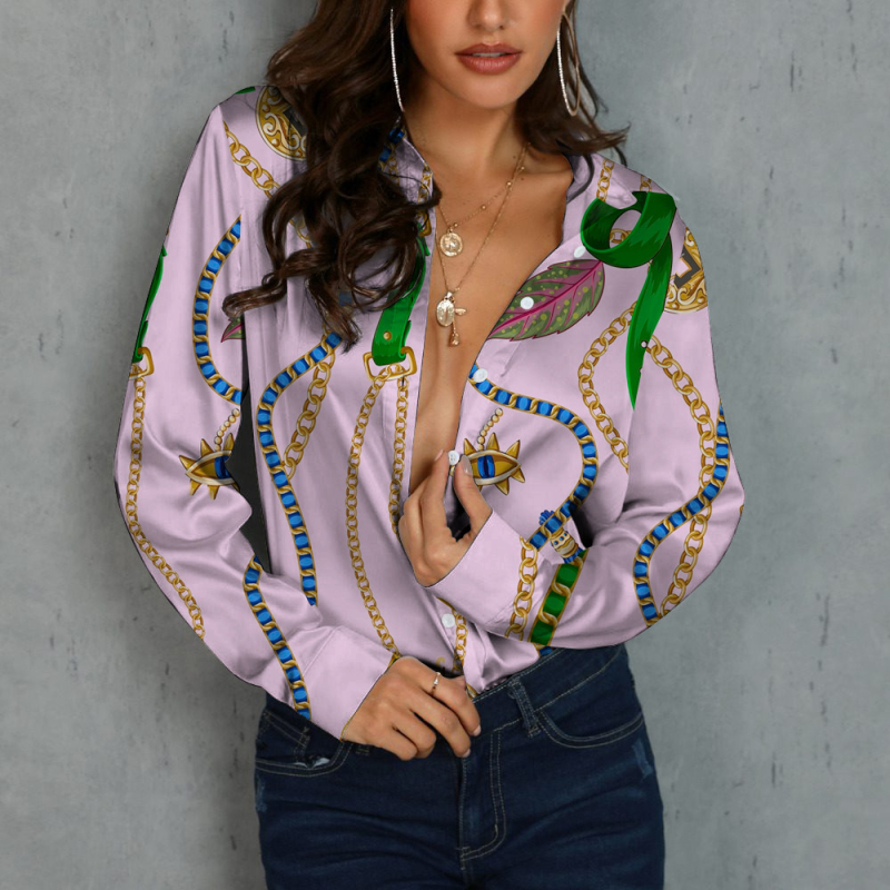 Bluza de damă cu mânecă lungă, nasturi pe un rând, guler rever, model lanț, croială lejeră, poliester 70–80%