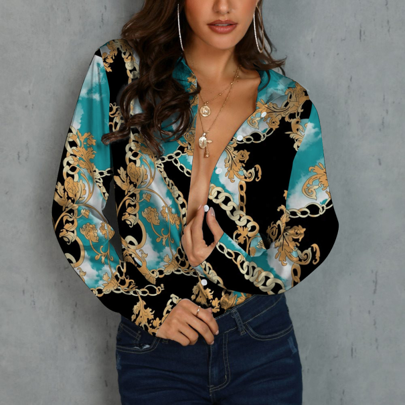 Bluza de damă cu mânecă lungă, nasturi pe un rând, guler rever, model lanț, croială lejeră, poliester 70–80%