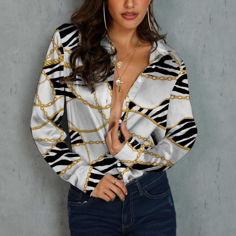 Bluza de damă cu mânecă lungă, nasturi pe un rând, guler rever, model lanț, croială lejeră, poliester 70–80%