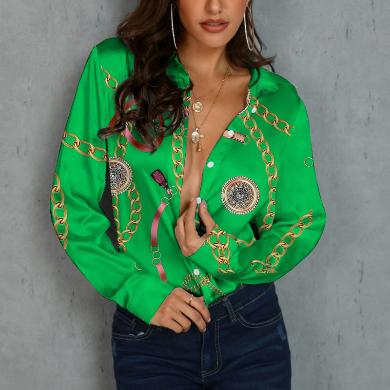 Bluza de damă cu mânecă lungă, nasturi pe un rând, guler rever, model lanț, croială lejeră, poliester 70–80%