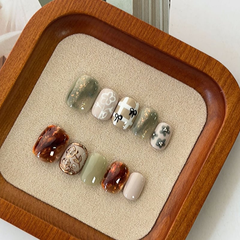 Ručni izrađeni nosivi umjetni nokti s 3D ručno oslikanim završetkom, uklonjivi; žene; uzorci: cvijeće, mašna, karirani uzorak; kod A1555