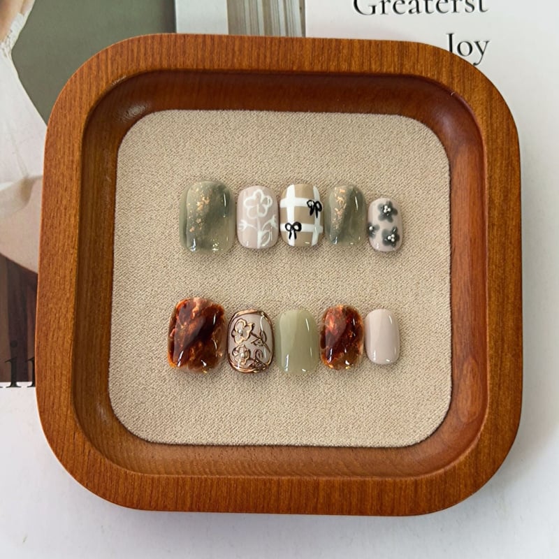 Ručni izrađeni nosivi umjetni nokti s 3D ručno oslikanim završetkom, uklonjivi; žene; uzorci: cvijeće, mašna, karirani uzorak; kod A1555