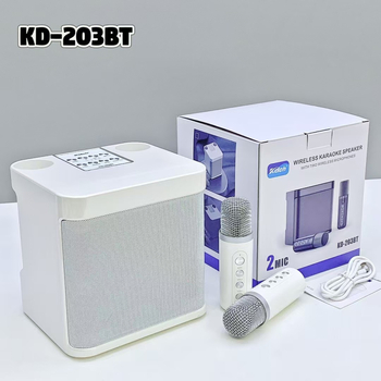Bluetooth karaoke zvučnik s dva mikrofona — Bluetooth 5.3, 10W, ugrađena baterija 1200–2000 mAh, frekvencijski raspon 100 Hz–20 kHz, SNR ≥85 dB