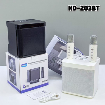 Bluetooth karaoke zvučnik s dva mikrofona — Bluetooth 5.3, 10W, ugrađena baterija 1200–2000 mAh, frekvencijski raspon 100 Hz–20 kHz, SNR ≥85 dB