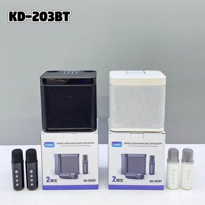 Bluetooth karaoke zvučnik s dva mikrofona — Bluetooth 5.3, 10W, ugrađena baterija 1200–2000 mAh, frekvencijski raspon 100 Hz–20 kHz, SNR ≥85 dB