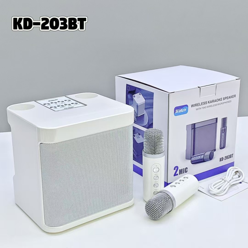 Bluetooth karaoke zvučnik s dva mikrofona — Bluetooth 5.3, 10W, ugrađena baterija 1200–2000 mAh, frekvencijski raspon 100 Hz–20 kHz, SNR ≥85 dB