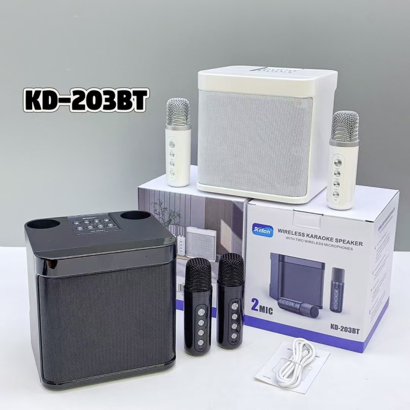 Bluetooth karaoke zvučnik s dva mikrofona — Bluetooth 5.3, 10W, ugrađena baterija 1200–2000 mAh, frekvencijski raspon 100 Hz–20 kHz, SNR ≥85 dB