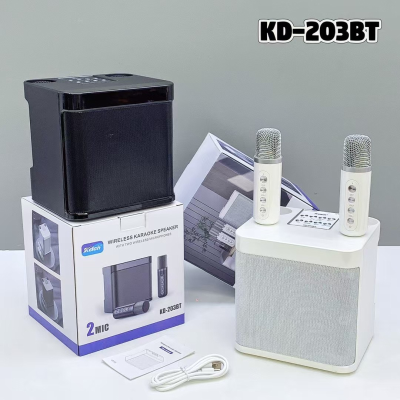 Bluetooth karaoke zvučnik s dva mikrofona — Bluetooth 5.3, 10W, ugrađena baterija 1200–2000 mAh, frekvencijski raspon 100 Hz–20 kHz, SNR ≥85 dB