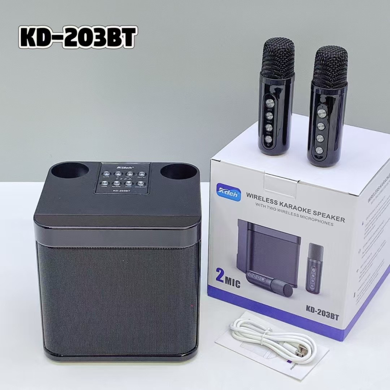 Bluetooth karaoke zvučnik s dva mikrofona — Bluetooth 5.3, 10W, ugrađena baterija 1200–2000 mAh, frekvencijski raspon 100 Hz–20 kHz, SNR ≥85 dB