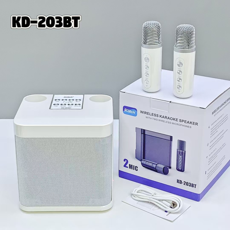 Bluetooth karaoke zvučnik s dva mikrofona — Bluetooth 5.3, 10W, ugrađena baterija 1200–2000 mAh, frekvencijski raspon 100 Hz–20 kHz, SNR ≥85 dB