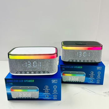 Bluetooth zvučnik s bežičnim punjenjem, digitalnim satom i ambijentalnim svjetlom; ugrađena baterija 1200-2000 mAh, 10 W, Bluetooth 5.3, frekvencijski raspon 100 Hz-20 kHz, domet 10 m