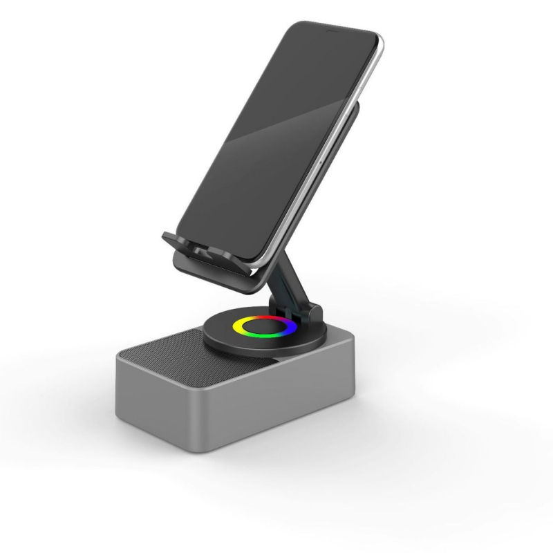 Tri-u-jednom bežični Bluetooth zvučnik s ugrađenim Power Bankom i 360° okretajući stolni nosač za telefon/tablet • Bluetooth 5.3 • ugrađena baterija 1200–2000 mAh • domet 10 m • frekvencijski raspon 20 Hz–20 kHz • izlazna snaga 5W