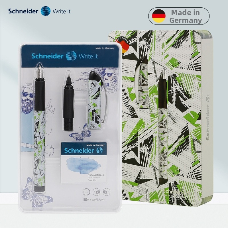 Schneider комплект за упражняване на писане — пластмасов корпус, иридиев връх, система с мастило в торба-абсорбер, кутия, печатано лого, персонализация, модел Schneider Ski Water Ski Climbing Ride