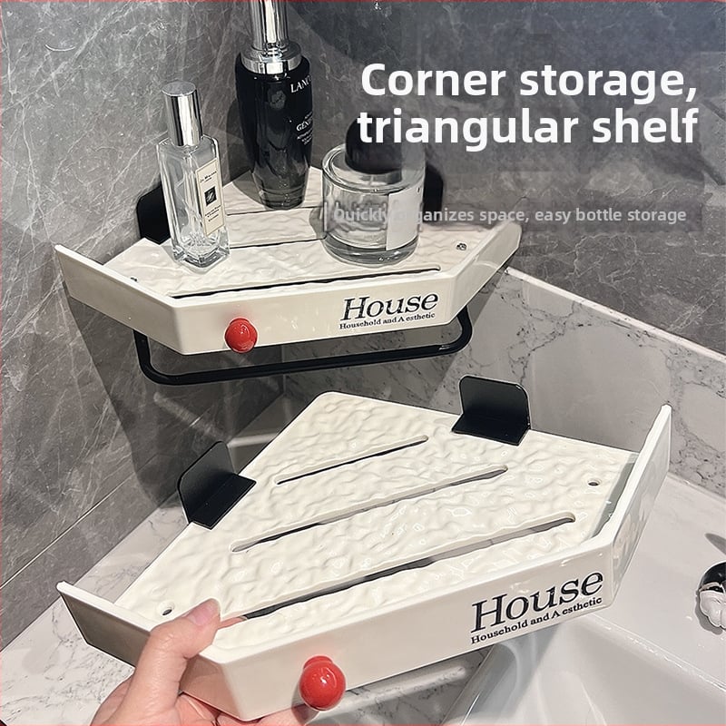 Raft de depozitare triunghiular montat pe perete, fără găuri, pentru bucătărie și baie — montaj cu ventuză, 1 nivel