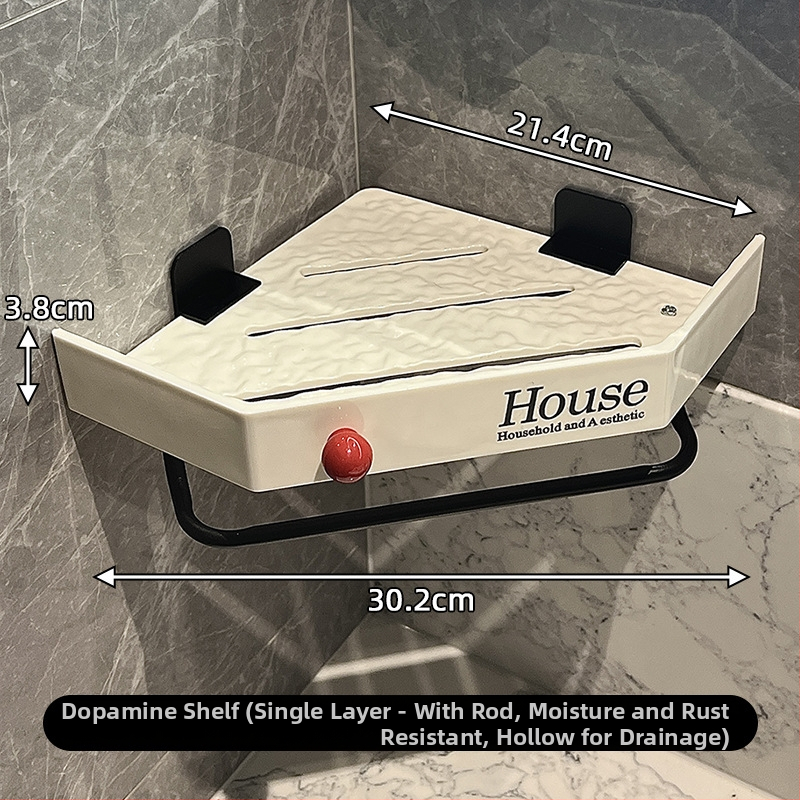 Raft de depozitare triunghiular montat pe perete, fără găuri, pentru bucătărie și baie — montaj cu ventuză, 1 nivel