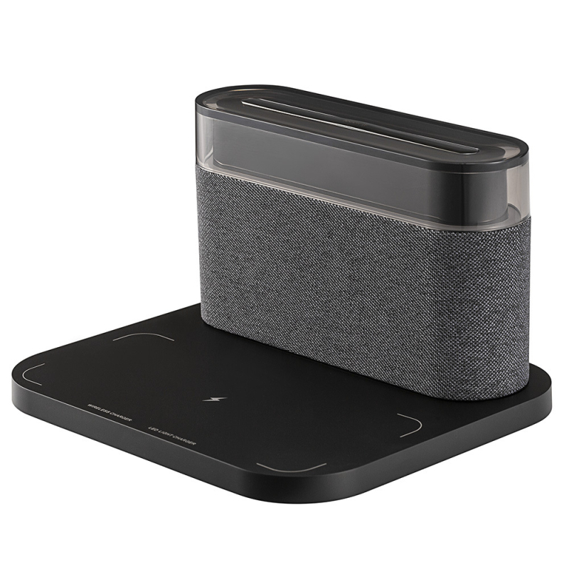 Три в едно Bluetooth говорител с нощна лампа и безжично зареждане, настолен говорител с USB захранване; Bluetooth 5.0, 5W изход, будилник, таймер