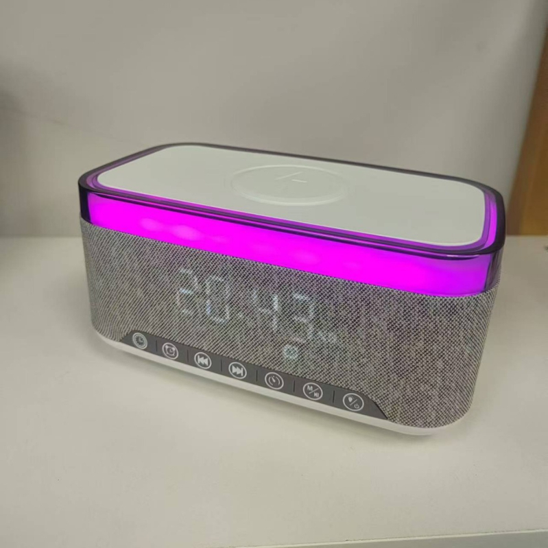 Bluetooth zvučnik s bežičnim punjenjem, digitalni sat i budilica, bijeli šum i ambijentalno osvjetljenje (Bluetooth 5.0 | 1000–1200 mAh | Bežično punjenje | 100 Hz–20 kHz | IPx3)