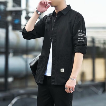 Cămașă pentru bărbați, mâneci lungi, guler pătrat, croială lejeră, țesătură din lână