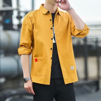 Cămașă pentru bărbați, mâneci lungi, guler pătrat, croială lejeră, țesătură din lână