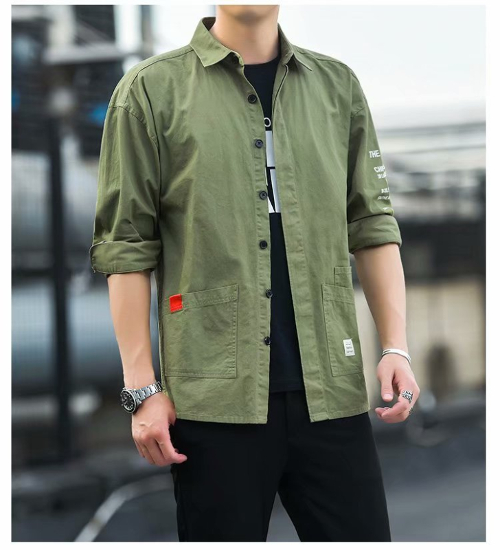 Cămașă pentru bărbați, mâneci lungi, guler pătrat, croială lejeră, țesătură din lână