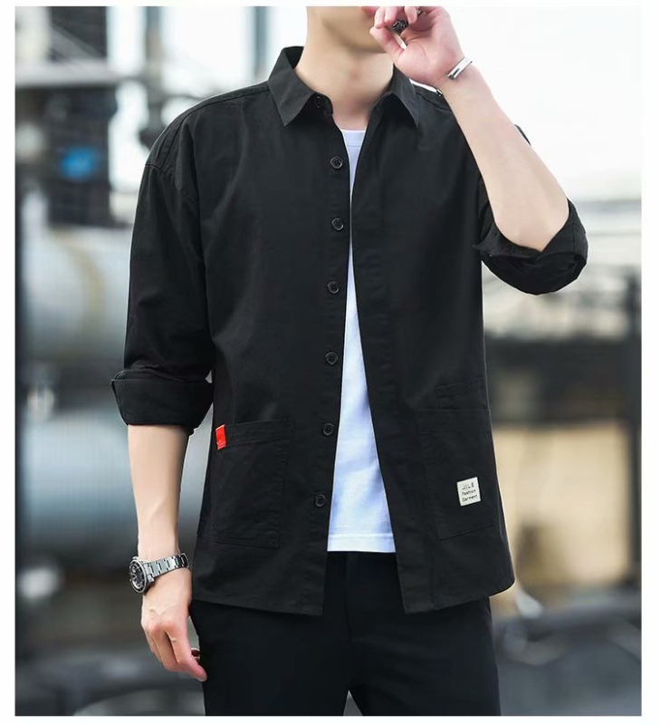 Cămașă pentru bărbați, mâneci lungi, guler pătrat, croială lejeră, țesătură din lână