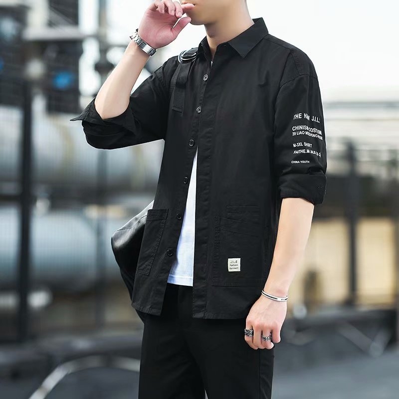 Cămașă pentru bărbați, mâneci lungi, guler pătrat, croială lejeră, țesătură din lână