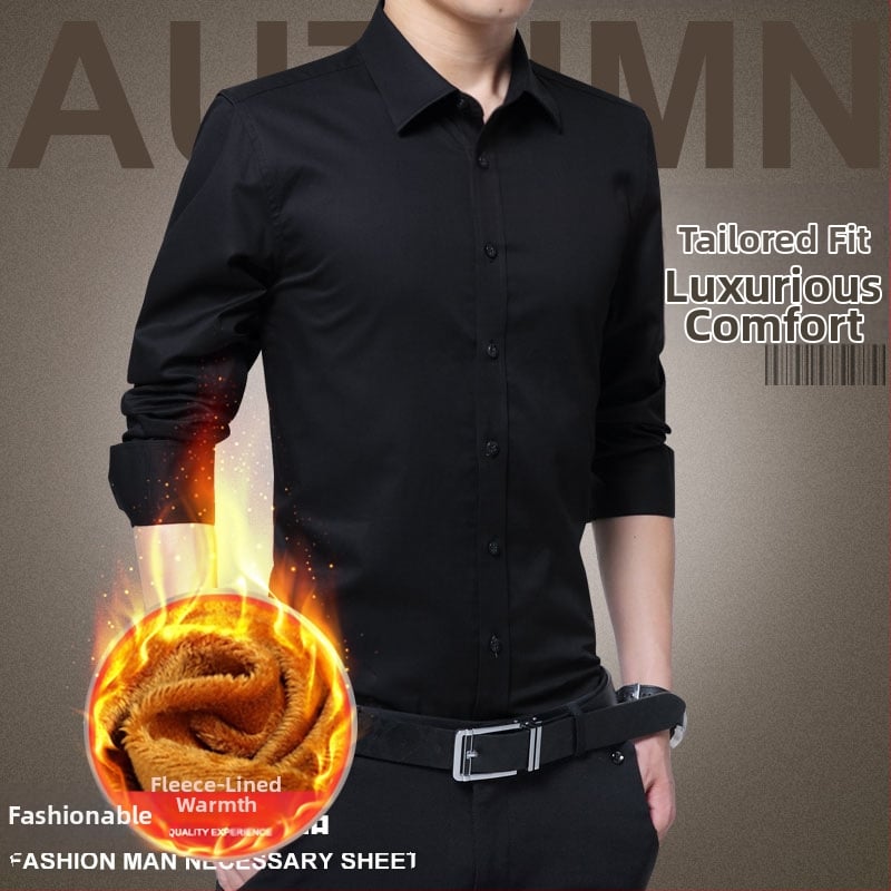 Cămașă de bărbați cu căptușeală fleece, croială slim, stil cardigan coreean, guler cu rever, din amestec de bumbac