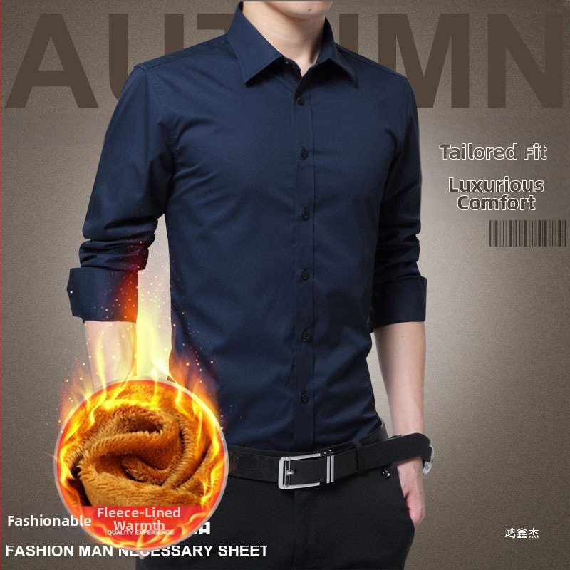 Cămașă de bărbați cu căptușeală fleece, croială slim, stil cardigan coreean, guler cu rever, din amestec de bumbac