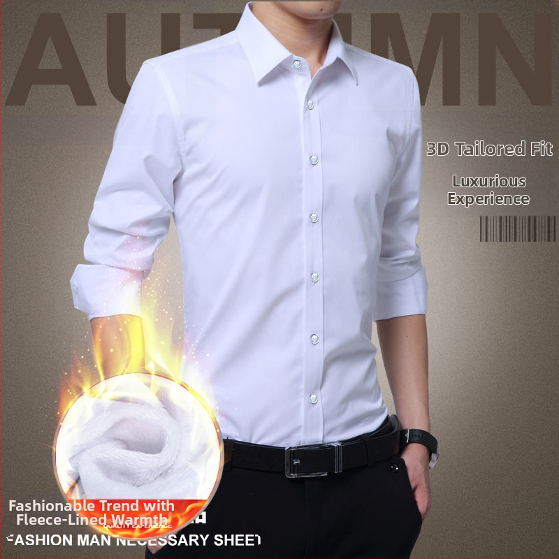 Cămașă de bărbați cu căptușeală fleece, croială slim, stil cardigan coreean, guler cu rever, din amestec de bumbac