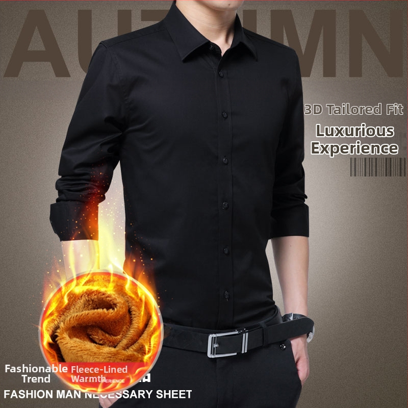 Cămașă de bărbați cu căptușeală fleece, croială slim, stil cardigan coreean, guler cu rever, din amestec de bumbac
