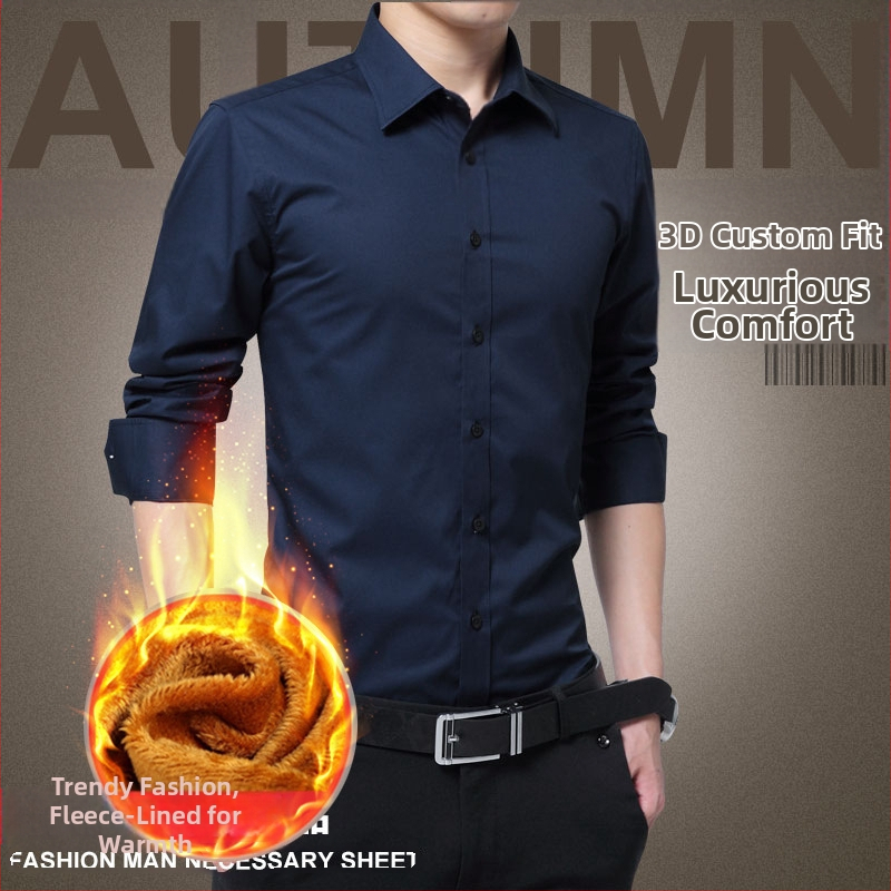 Cămașă de bărbați cu căptușeală fleece, croială slim, stil cardigan coreean, guler cu rever, din amestec de bumbac