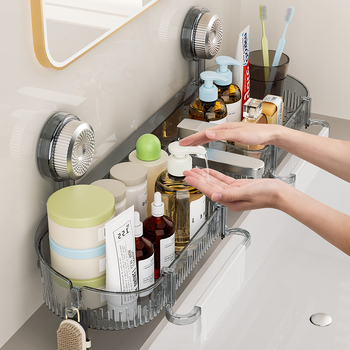 Raft de depozitare pentru baie montat pe perete cu ventuză, acrilic, fără găuri, 1 nivel, încărcare 10-15 kg