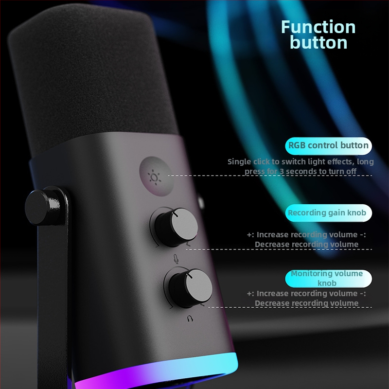 USB stolný mikrofón na hry a streamovanie s RGB osvetlením; vhodný pre domáce použitie, konferencie a záznam zvuku; frekvenčný rozsah 20 Hz–20 kHz; SNR ≥75 dB; Bluetooth 2.0