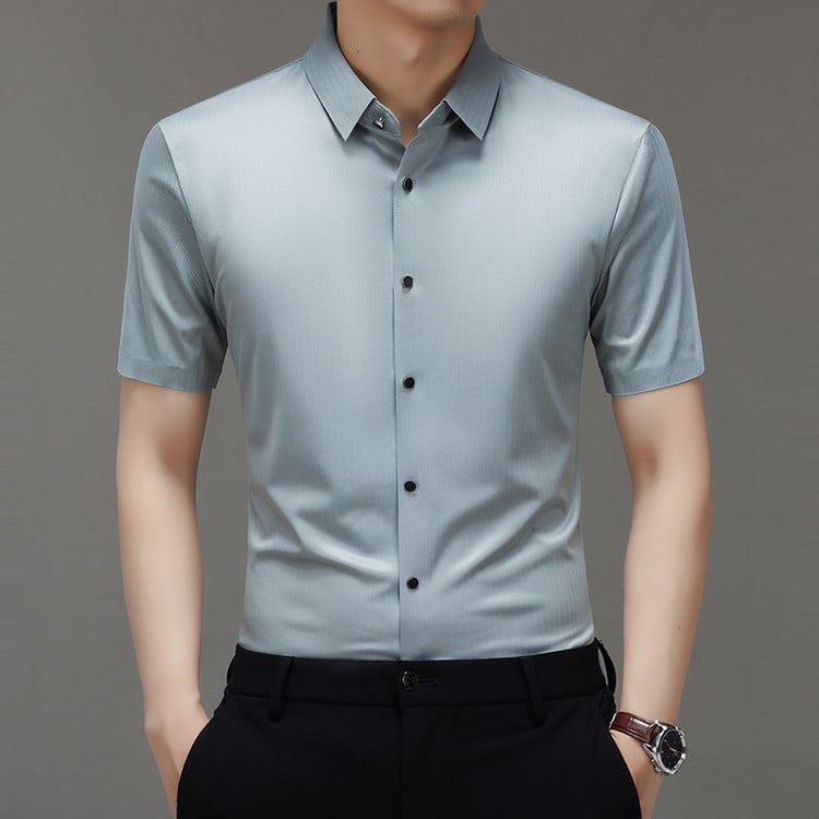 Cămașă pentru bărbați din mătase Mulberry, mâneci scurte, guler Lapel, culoare solidă, croială lejeră