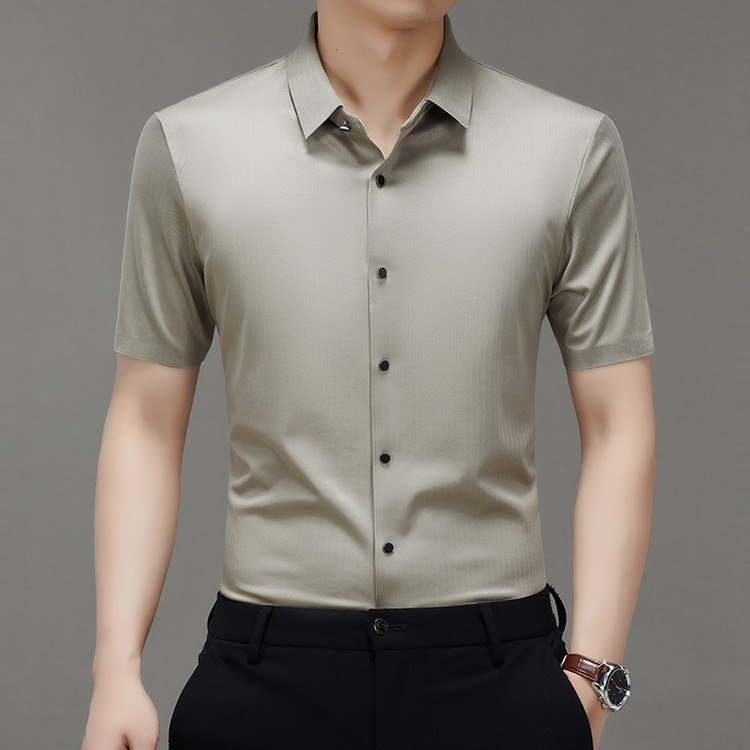 Cămașă pentru bărbați din mătase Mulberry, mâneci scurte, guler Lapel, culoare solidă, croială lejeră