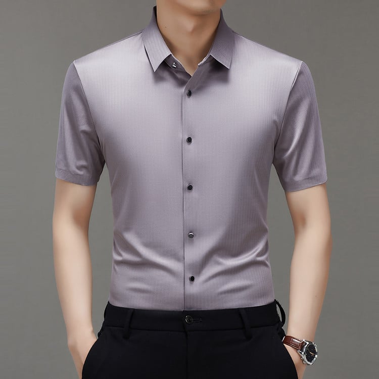 Cămașă pentru bărbați din mătase Mulberry, mâneci scurte, guler Lapel, culoare solidă, croială lejeră