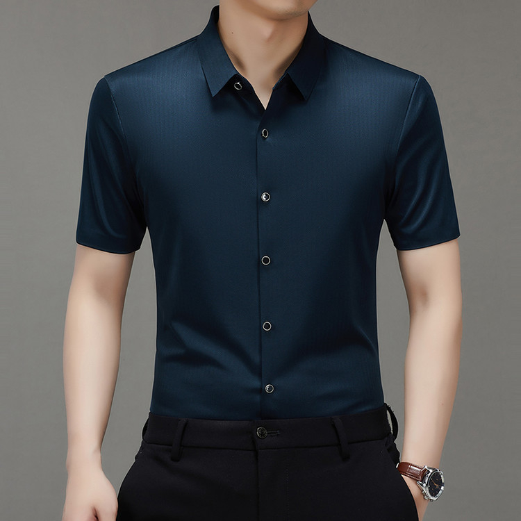Cămașă pentru bărbați din mătase Mulberry, mâneci scurte, guler Lapel, culoare solidă, croială lejeră