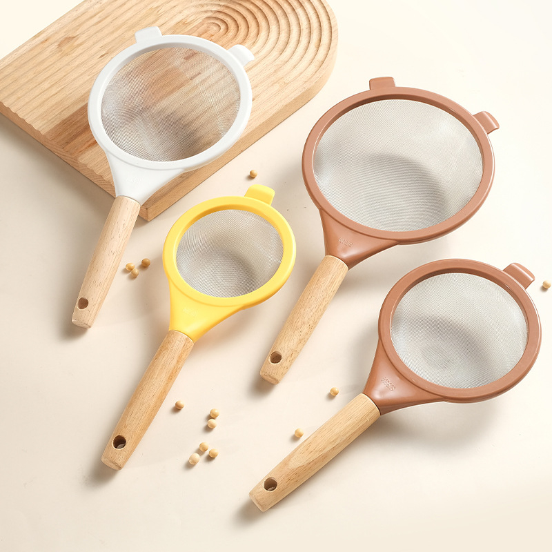 Sită de făină din oțel inoxidabil 304, plasă 40-mesh, mâner din lemn (Specificații critice: oțel inoxidabil 304; plasă 40-mesh; mâner din lemn)