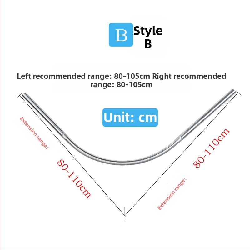 Bară de duș curbată din oțel inoxidabil, telescopică, în formă de L
