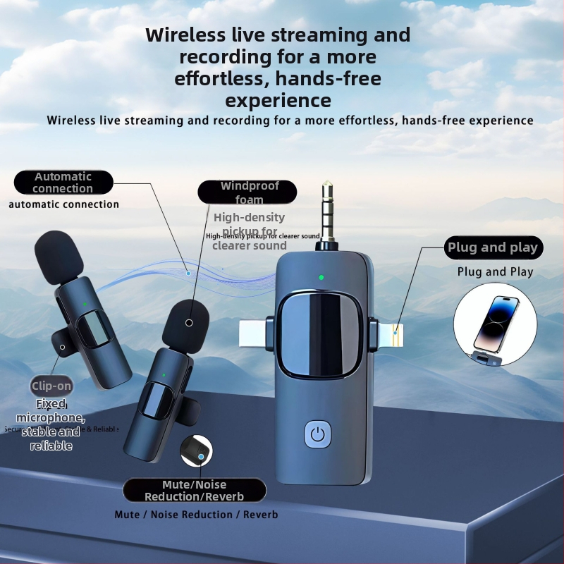K15 Microfon Lavalier Wireless 3 în 1 pentru streaming live — Omnidirecțional, 20 Hz-20 kHz, Bluetooth 5.1, Baterie încorporată, 1–3 h