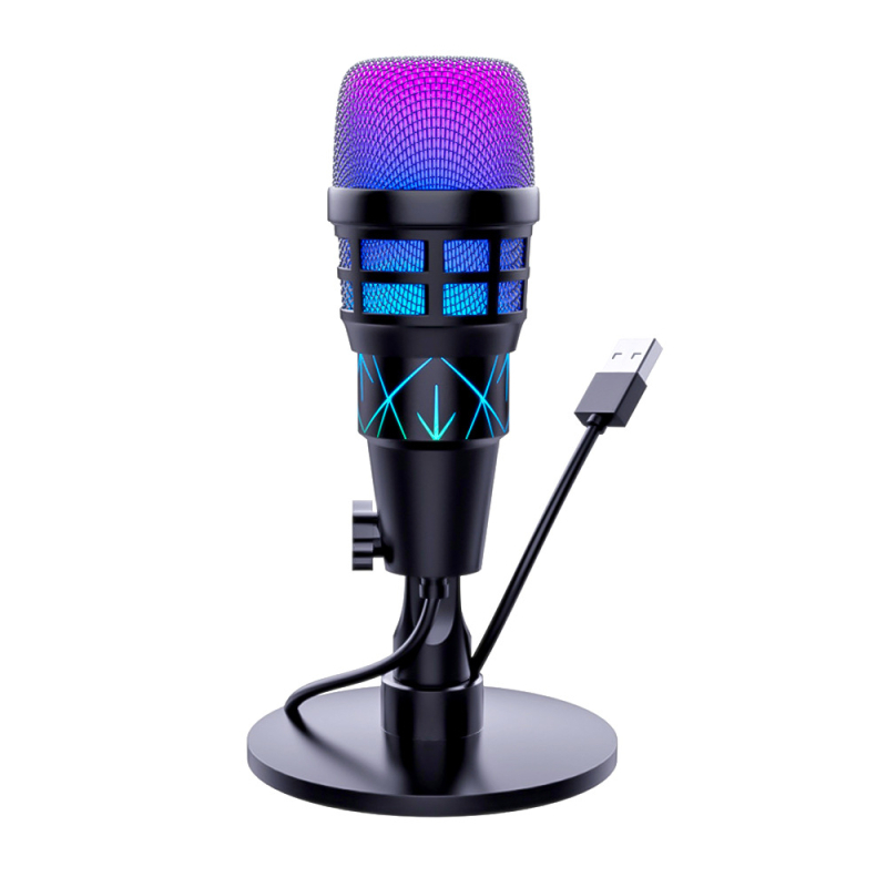 Microfon USB condensator pentru computer, reducere inteligentă a zgomotului, iluminare RGB de birou, pentru înregistrare, karaoke și gaming