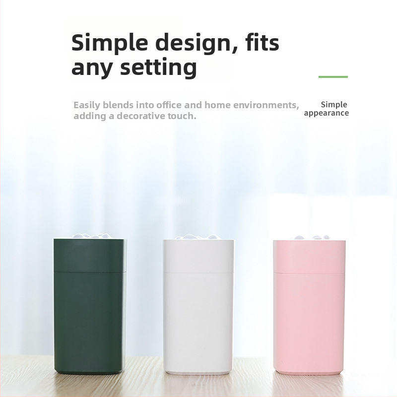 Umidificator USB mic cu lumină de noapte și purificare a aerului; design pătrat de munte de zăpadă; rezervor 0.5–1 L; pentru spații până la 10 m²; 1 orificiu de ceață; alimentare USB; zgomot <36 dB