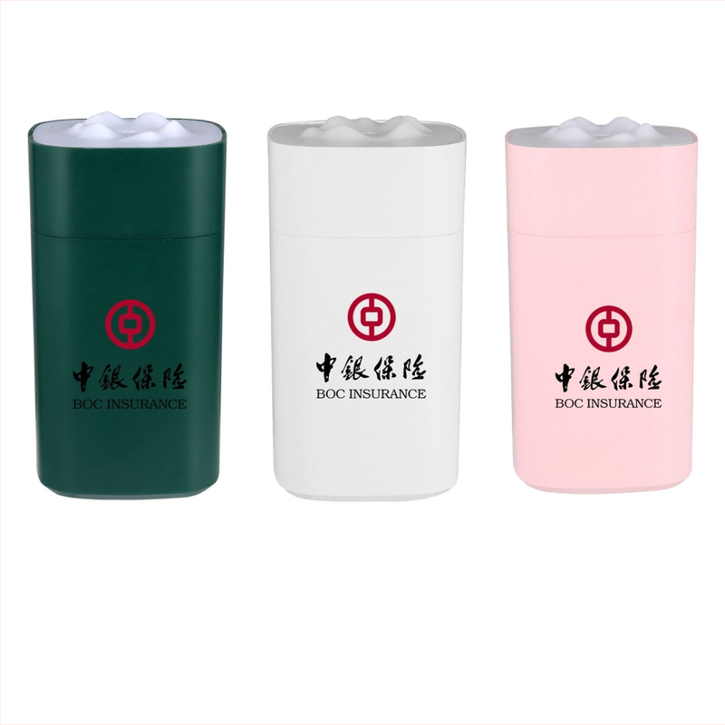 Umidificator USB mic cu lumină de noapte și purificare a aerului; design pătrat de munte de zăpadă; rezervor 0.5–1 L; pentru spații până la 10 m²; 1 orificiu de ceață; alimentare USB; zgomot <36 dB