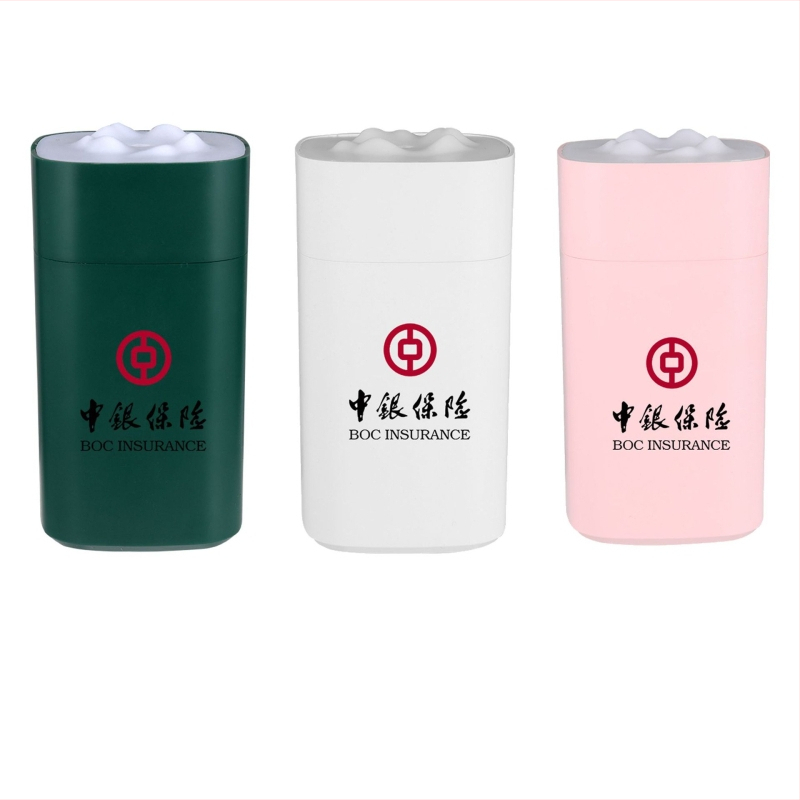 Umidificator USB mic cu lumină de noapte și purificare a aerului; design pătrat de munte de zăpadă; rezervor 0.5–1 L; pentru spații până la 10 m²; 1 orificiu de ceață; alimentare USB; zgomot <36 dB