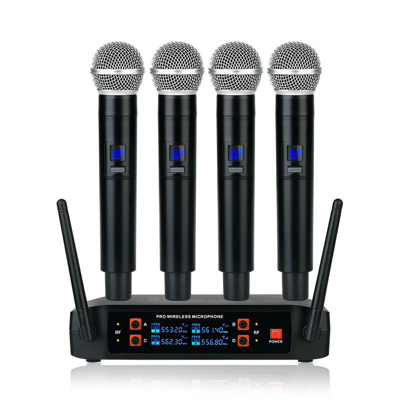 Sistem fără fir microfoane 1-la-4 pentru karaoke acasă și scenă, microfon dinamic, răspuns în frecvență 60Hz-15kHz, SNR ≥75dB, 110-220V, fără baterie încorporată